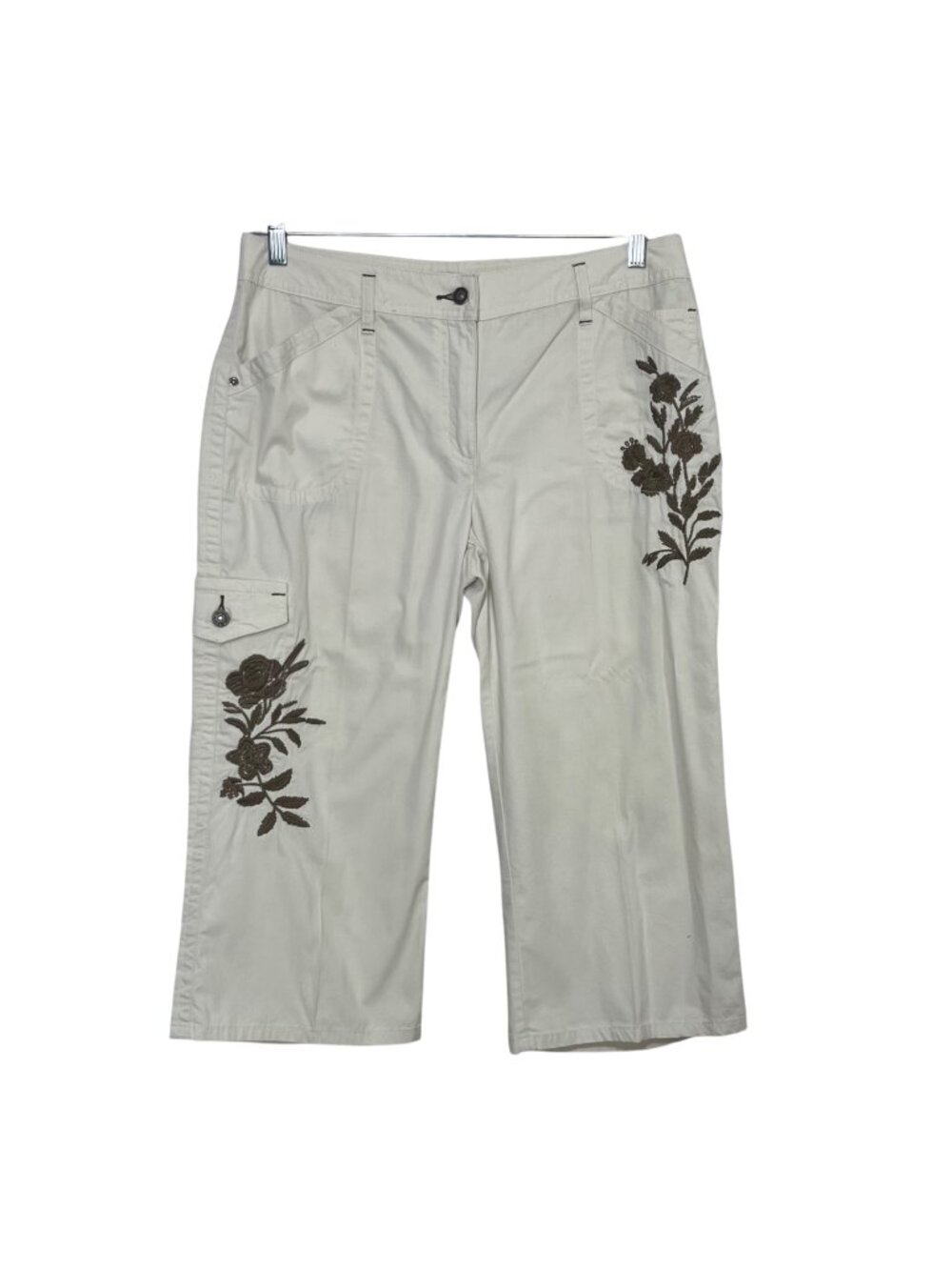 Christopher & Banks Capris Pants Size 12 Beige Brown Floral Embroidery